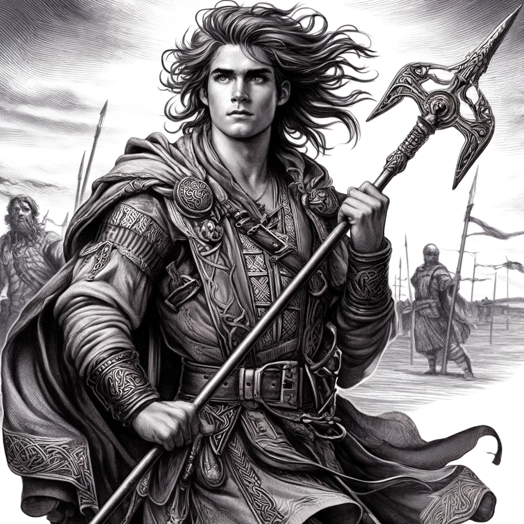 DALL·E-2024-11-02-16.16.54-A-detailed-illustration-of-Cu-Chulainn-the-legendary-hero-from-Celtic-mythology-standing-confidently-on-a-battlefield.-He-is-a-young-strong-warrior 英雄クー・フーリンとアルスターの戦い：ケルト神話の壮絶な物語・ちょびっと柴犬