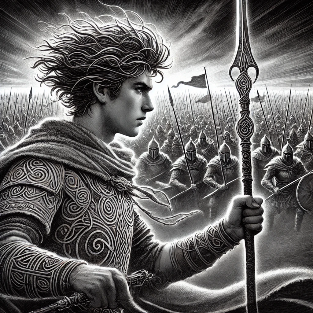 DALL·E-2024-11-02-16.21.11-A-dramatic-black-and-white-illustration-depicting-Cu-Chulainn-from-Celtic-mythology-facing-an-overwhelming-army-on-the-battlefield.-He-is-a-young-str 英雄クー・フーリンとアルスターの戦い：ケルト神話の壮絶な物語・ちょびっと柴犬