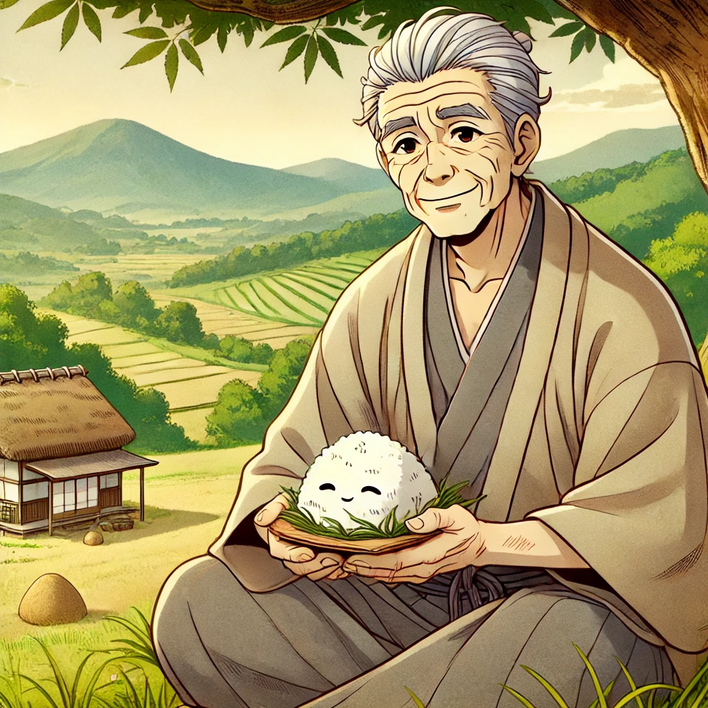 DALL·E-2024-11-02-19.33.17-A-Japanese-anime-style-illustration-for-adults-showing-a-kind-elderly-man-from-the-Edo-period-sitting-under-a-tree-on-a-hillside-holding-a-rice-ball おむすびころりんに学ぶビジネスの教訓：信頼と価値を築く成功法