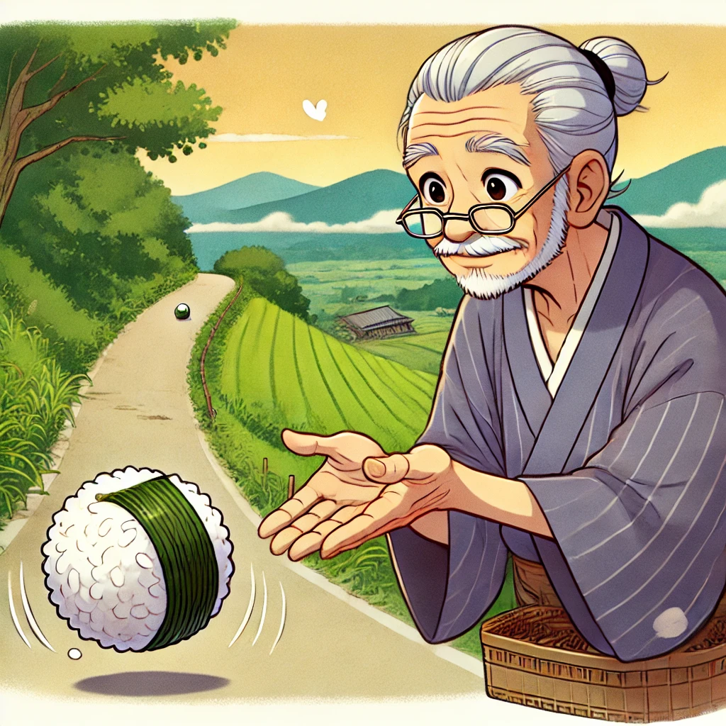 DALL·E-2024-11-02-19.34.31-A-Japanese-anime-style-illustration-for-adults-showing-a-kind-elderly-man-from-the-Edo-period-with-a-surprised-expression-as-a-rice-ball-omusubi-sl おむすびころりんに学ぶビジネスの教訓：信頼と価値を築く成功法