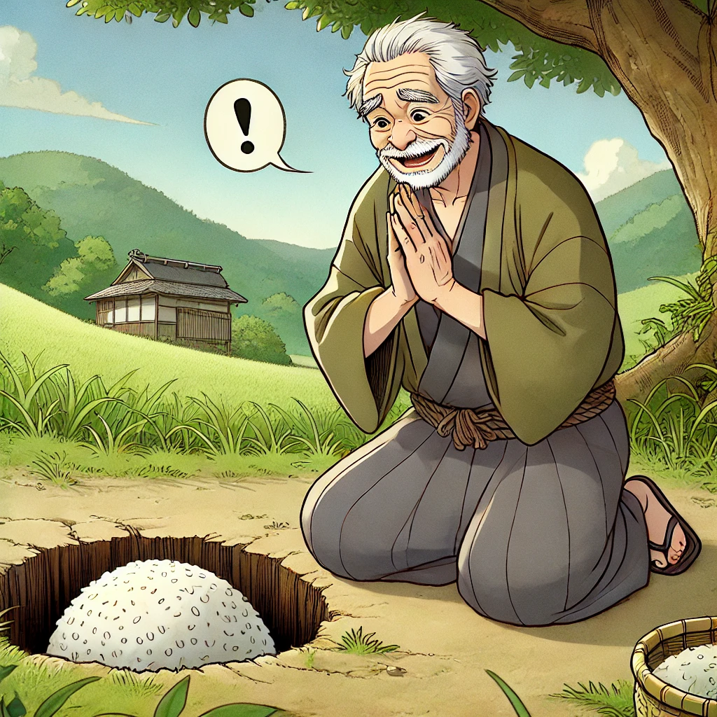 DALL·E-2024-11-02-19.35.31-A-Japanese-anime-style-illustration-for-adults-showing-a-kind-elderly-man-from-the-Edo-period-kneeling-near-a-hole-on-a-hillside-listening-with-a-su おむすびころりんに学ぶビジネスの教訓：信頼と価値を築く成功法