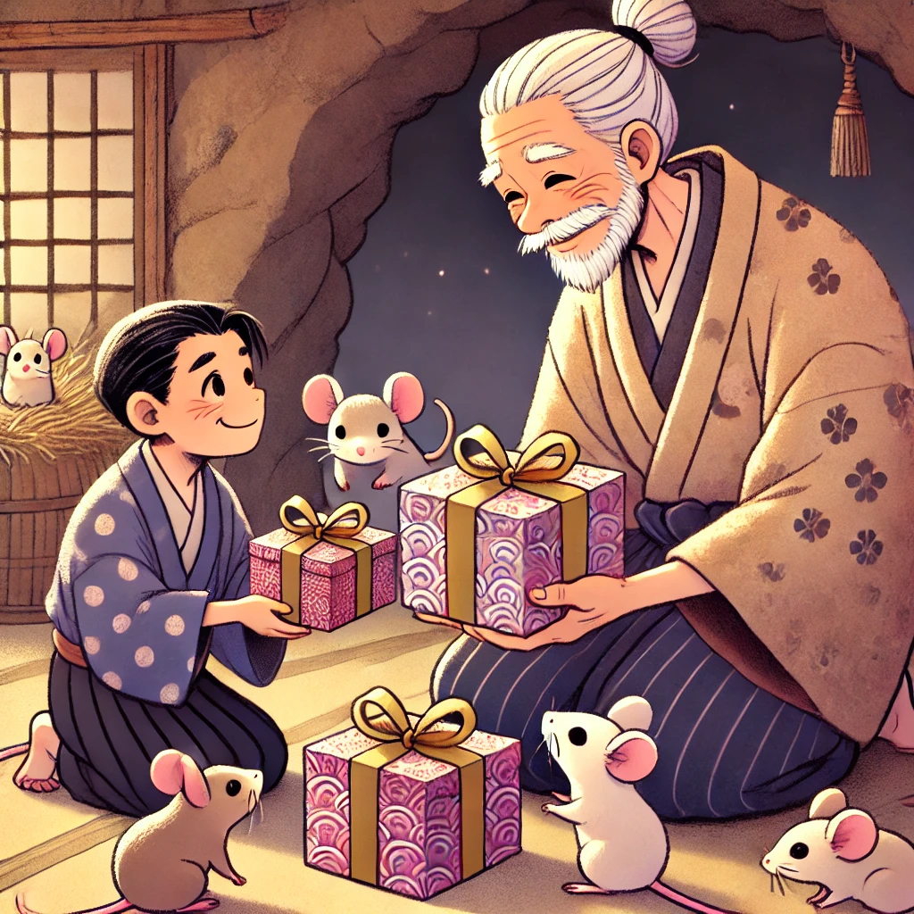 DALL·E-2024-11-02-19.37.20-A-Japanese-anime-style-illustration-for-adults-showing-a-kind-elderly-man-from-the-Edo-period-kneeling-before-two-gift-boxes-tsuzura-offered-by-a-m おむすびころりんに学ぶビジネスの教訓：信頼と価値を築く成功法