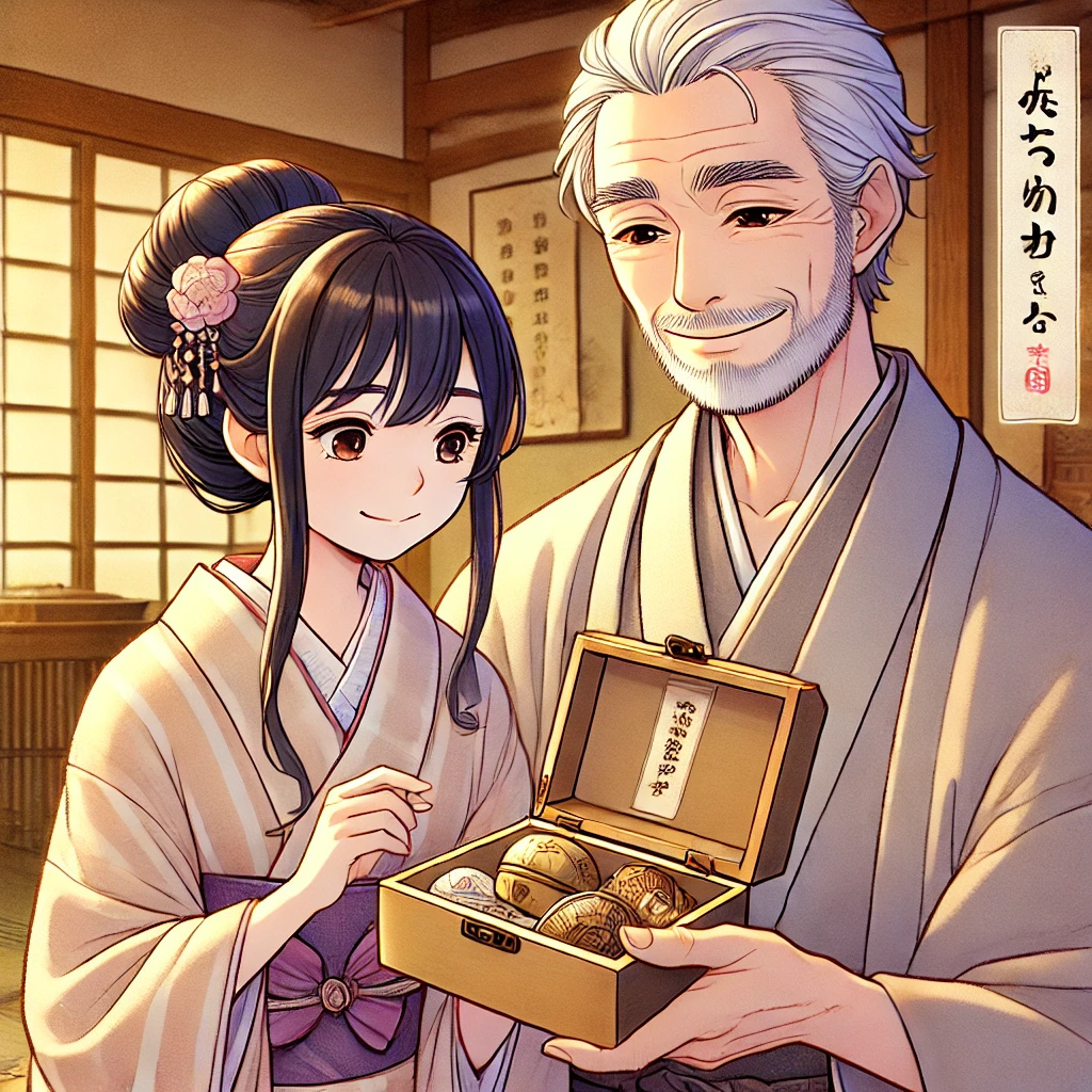 DALL·E-2024-11-02-19.38.15-A-Japanese-anime-style-illustration-for-adults-showing-a-kind-elderly-man-and-woman-from-the-Edo-period-opening-a-small-gift-box-tsuzura-in-their-h おむすびころりんに学ぶビジネスの教訓：信頼と価値を築く成功法