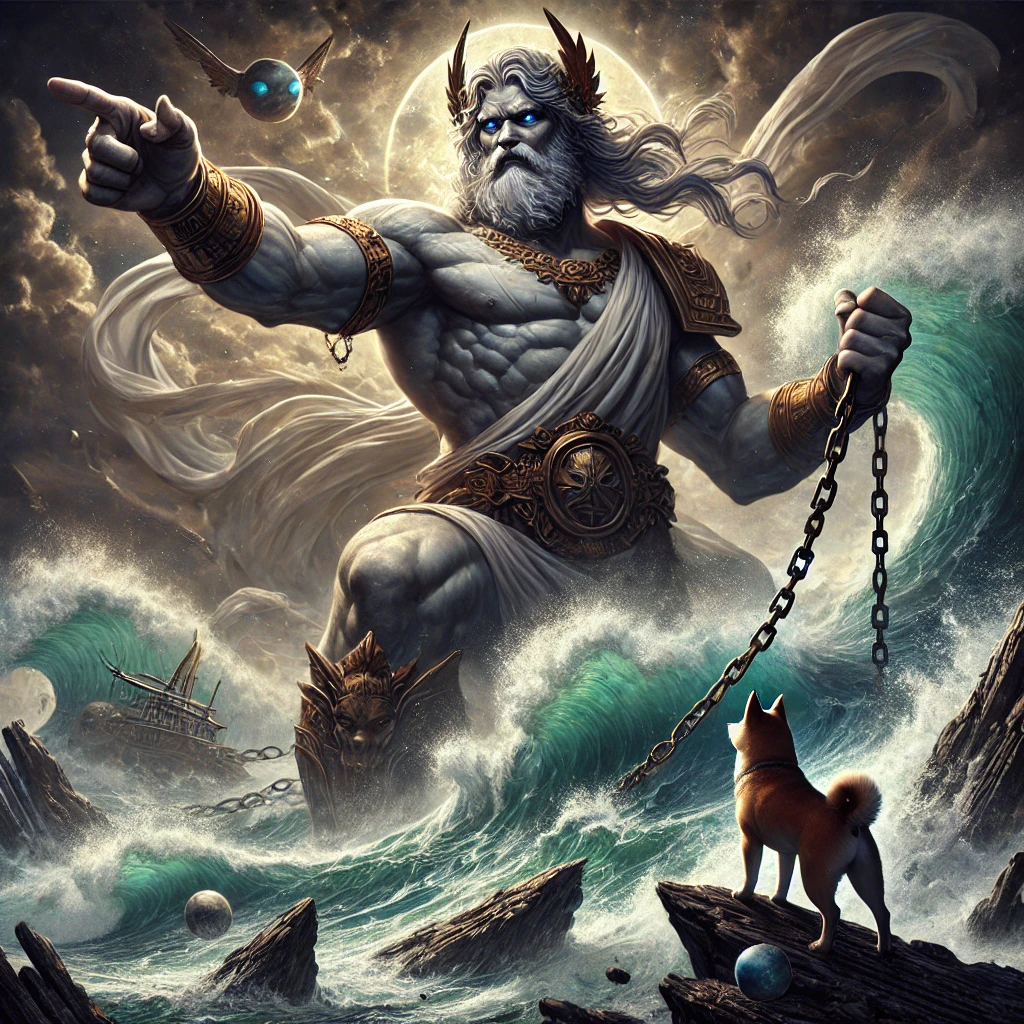 DALL·E-2024-11-05-19.06.58-A-highly-detailed-and-realistic-illustration-from-Greek-mythology-depicting-Poseidon-in-a-rage-commanding-the-chaining-of-Andromeda-to-the-rocky-coa ギリシャ神話With柴犬：ペルセウスの神話（アンドロメダの救出と結婚）