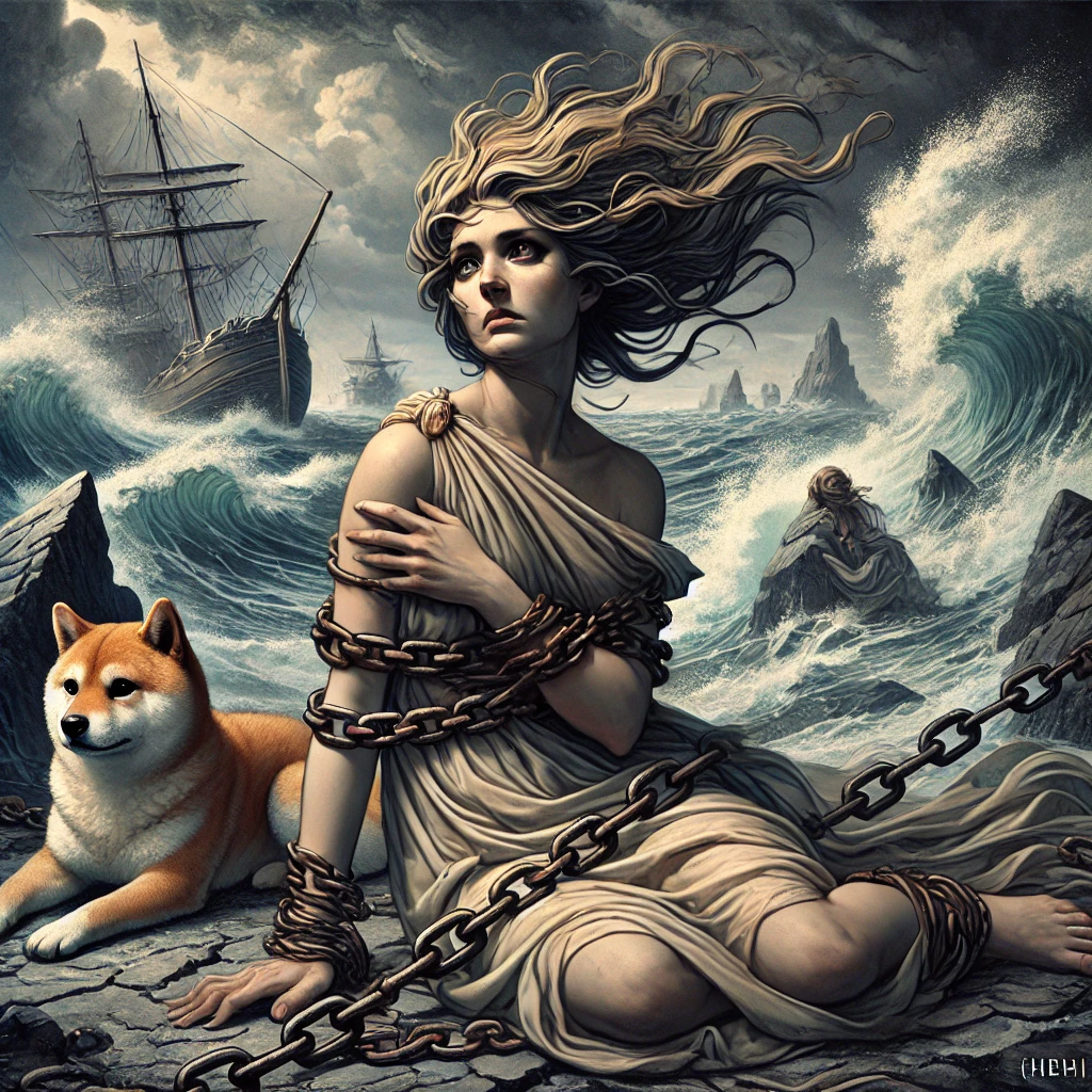 DALL·E-2024-11-05-19.07.35-A-dramatic-illustration-from-Greek-mythology-depicting-the-scene-where-Andromeda-is-chained-to-a-rocky-coast-by-the-stormy-sea.-Andromeda-appears-dis ギリシャ神話With柴犬：ペルセウスの神話（アンドロメダの救出と結婚）