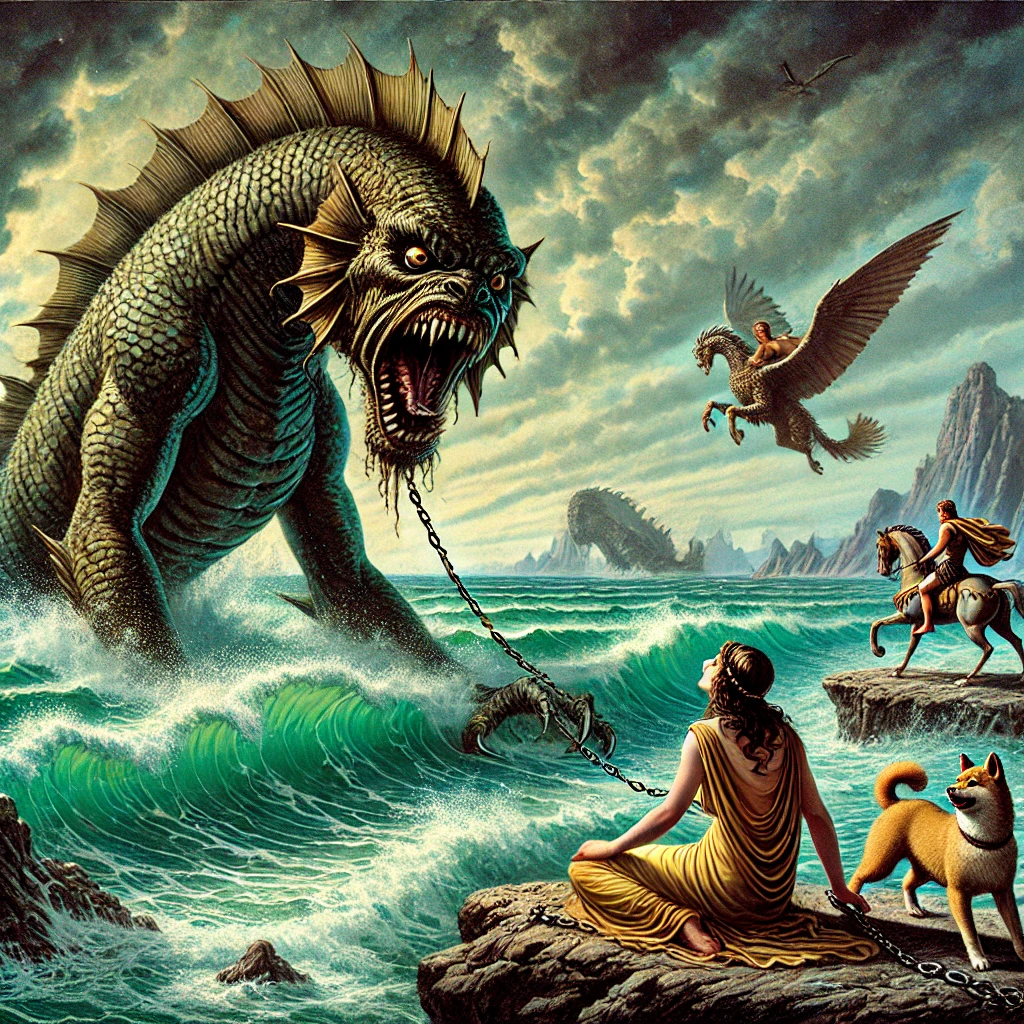 DALL·E-2024-11-05-19.09.40-A-thrilling-illustration-from-Greek-mythology-depicting-a-monstrous-sea-creature-released-by-Poseidon-menacingly-approaching-Andromeda-who-is-chain ギリシャ神話With柴犬：ペルセウスの神話（アンドロメダの救出と結婚）