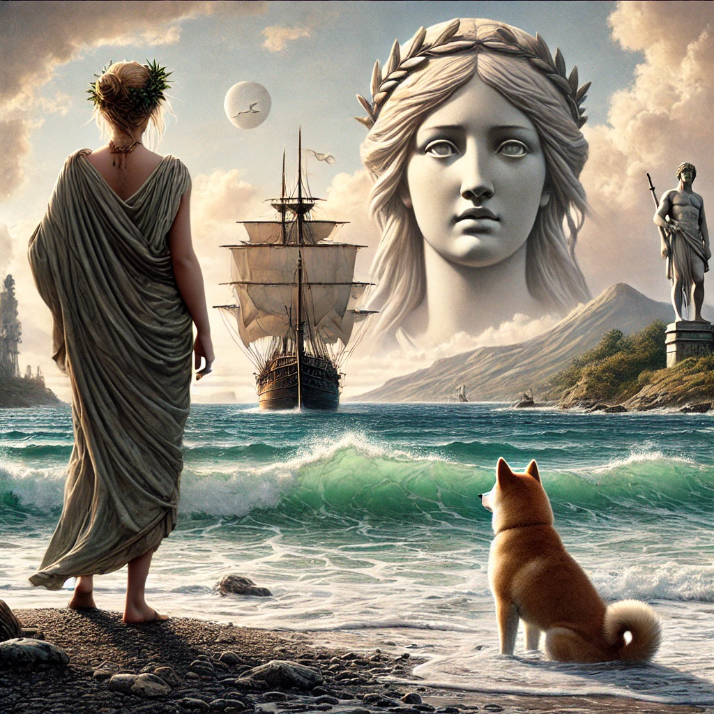 DALL·E-2024-11-05-22.21.39-A-highly-detailed-and-emotional-illustration-from-Greek-mythology-depicting-the-moment-when-Theseus-leaves-Ariadne-behind-on-the-island-of-Naxos.-Aria ギリシャ神話With柴犬：『テセウスの激闘！クレタ島の迷宮に潜むミノタウロスを撃破せよ！！』