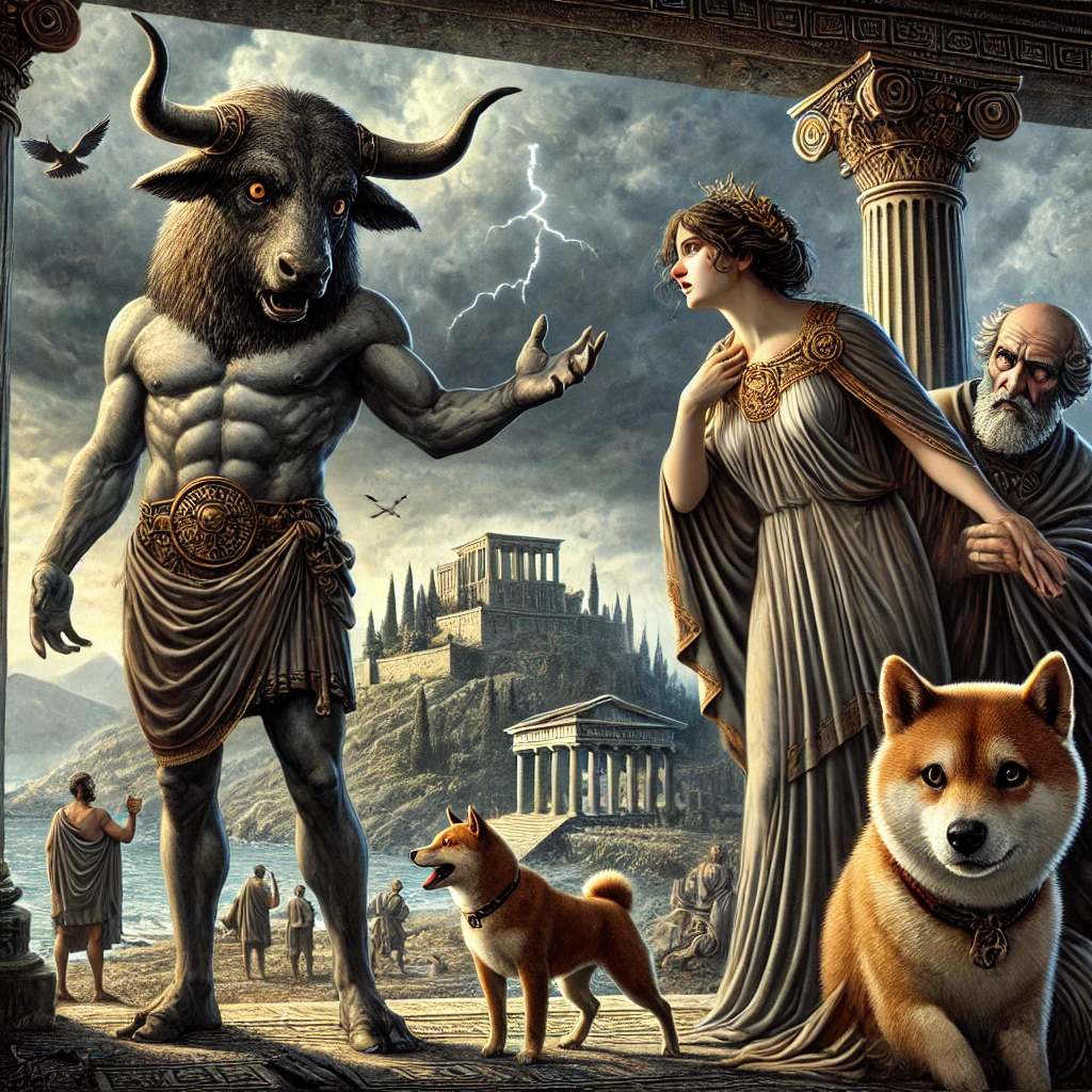 DALL·E-2024-11-05-22.22.06-A-highly-detailed-and-serious-illustration-from-Greek-mythology-depicting-the-origins-of-the-Minotaur-on-the-island-of-Crete.-King-Minos-stands-with-a ギリシャ神話With柴犬：『テセウスの激闘！クレタ島の迷宮に潜むミノタウロスを撃破せよ！！』