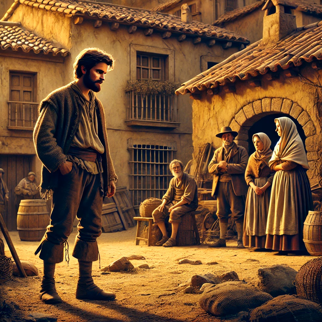 DALL·E-2024-11-06-02.04.23-A-scene-from-an-old-Spanish-folktale-depicting-a-poor-farmer-from-a-small-village.-The-farmer-dressed-in-humble-clothing-is-seen-standing-in-a-small 三つの忠告（Los Tres Consejos）スペインに伝わる教訓のような民話(現代版も有り）