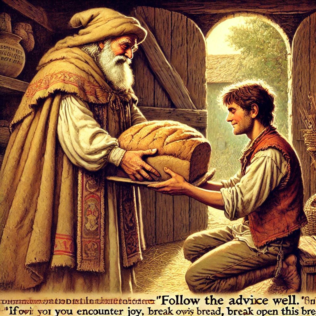 DALL·E-2024-11-06-02.09.06-An-illustration-from-an-old-Spanish-folktale-where-a-humble-farmer-receives-a-large-loaf-of-bread-from-his-wise-master-along-with-advice_-Follow-the 三つの忠告（Los Tres Consejos）スペインに伝わる教訓のような民話(現代版も有り）