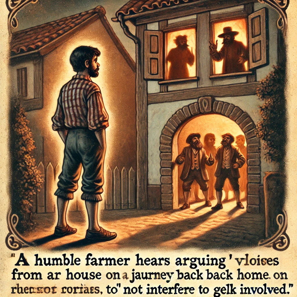 DALL·E-2024-11-06-02.12.25-An-illustration-from-an-old-Spanish-folktale-where-a-humble-farmer-hears-loud-arguing-voices-from-a-house-on-his-journey-back-home.-The-farmer-stands- 三つの忠告（Los Tres Consejos）スペインに伝わる教訓のような民話(現代版も有り）