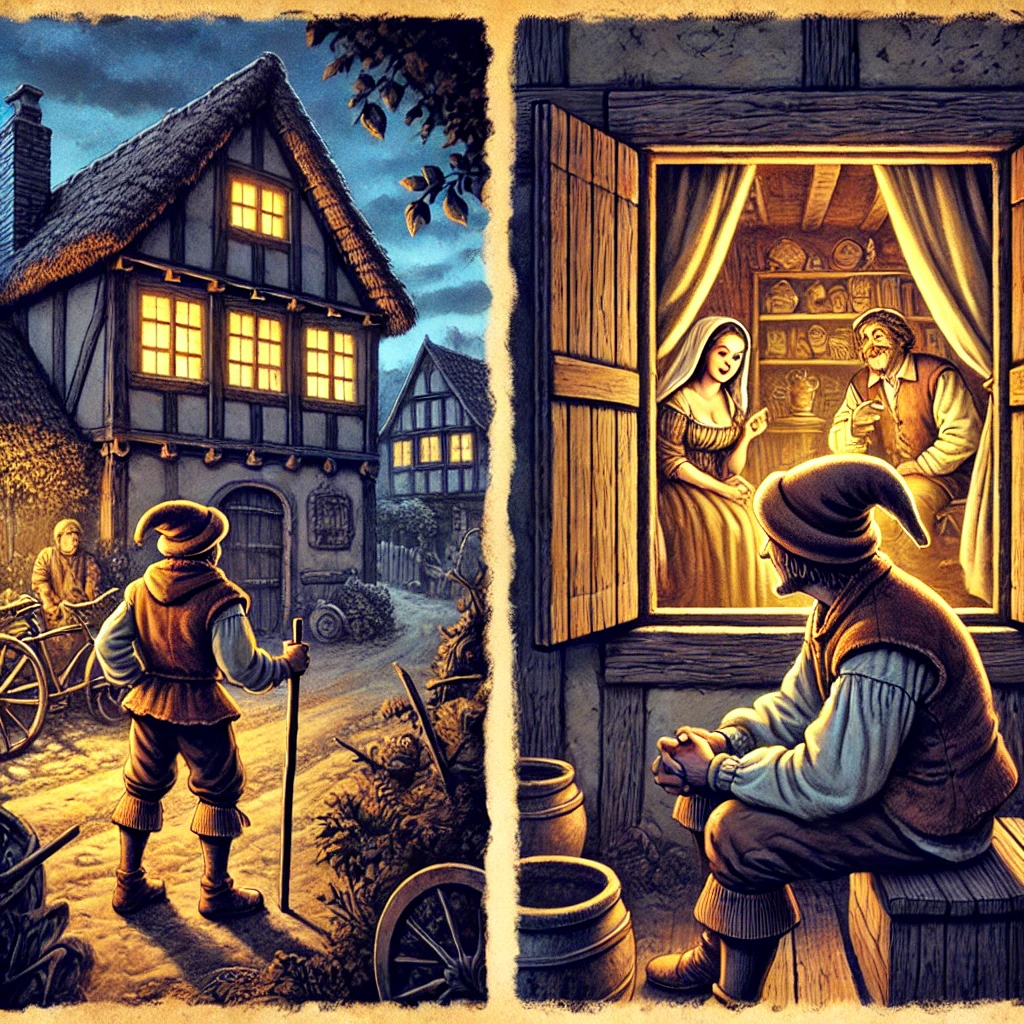 DALL·E-2024-11-06-02.14.20-An-illustration-from-an-old-Spanish-folktale-where-a-humble-farmer-returns-home-after-a-long-journey-and-sees-his-wife-sitting-with-a-young-man-throug 三つの忠告（Los Tres Consejos）スペインに伝わる教訓のような民話(現代版も有り）