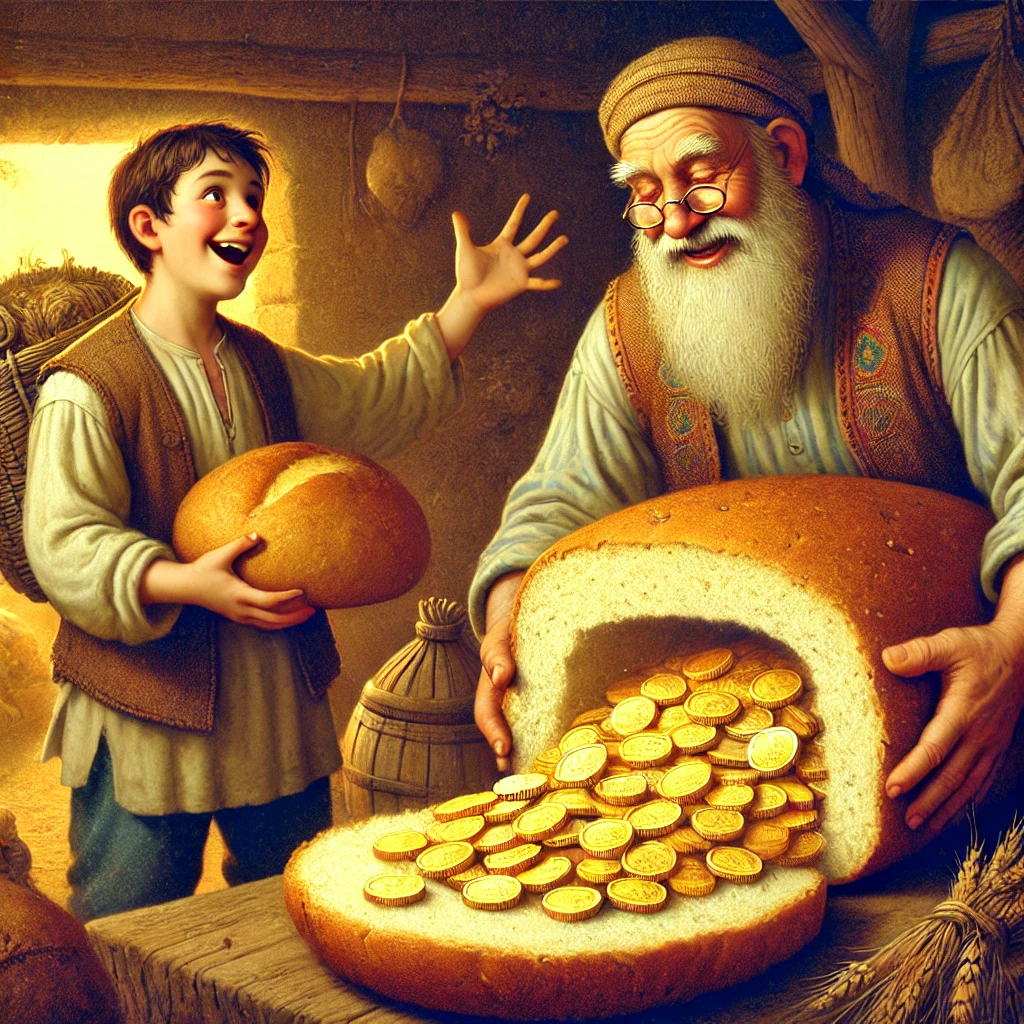 DALL·E-2024-11-06-02.15.10-An-illustration-from-an-old-Spanish-folktale-where-a-humble-farmer-joyful-from-reuniting-with-his-grown-up-son-breaks-open-a-large-loaf-of-bread-he- 三つの忠告（Los Tres Consejos）スペインに伝わる教訓のような民話(現代版も有り）