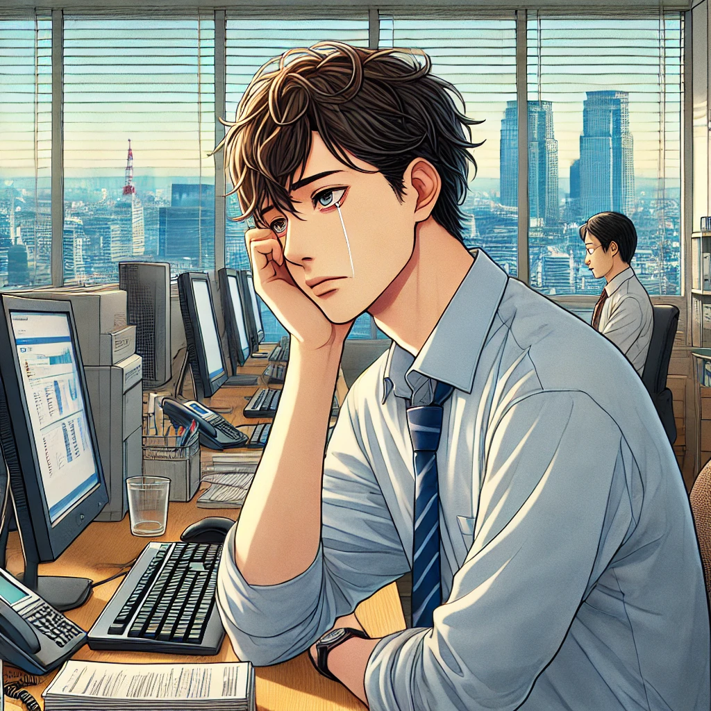 DALL·E-2024-11-06-02.43.35-An-illustration-of-a-modern-Japanese-salaryman-named-Sota-a-25-year-old-from-a-rural-background-working-diligently-at-an-IT-company-in-Tokyo.-Sota-a 三つの忠告（Los Tres Consejos）スペインに伝わる教訓のような民話(現代版も有り）