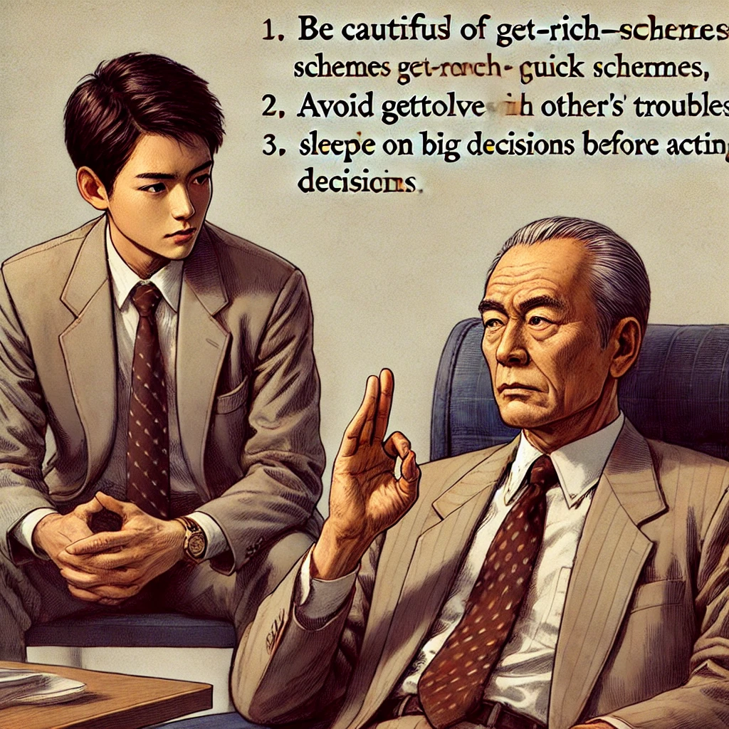 DALL·E-2024-11-06-02.45.31-An-illustration-in-a-realistic-style-matching-previous-images-showing-a-young-Japanese-salaryman-Sota-sitting-in-his-Tokyo-office-with-his-boss-Mr 三つの忠告（Los Tres Consejos）スペインに伝わる教訓のような民話(現代版も有り）