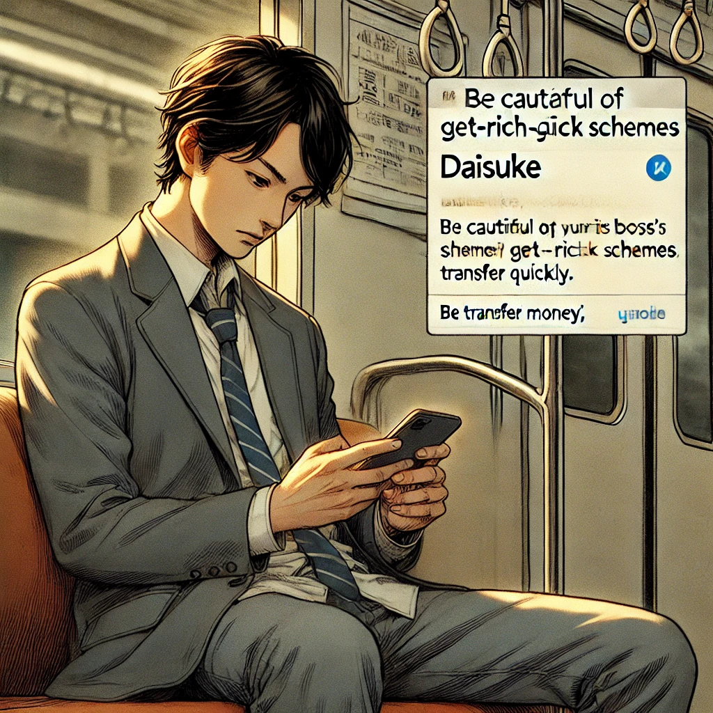 DALL·E-2024-11-06-02.46.55-An-illustration-in-a-realistic-style-showing-a-young-Japanese-salaryman-Sota-sitting-on-a-train-in-Tokyo-as-he-reads-an-email-from-an-old-friend-Da 三つの忠告（Los Tres Consejos）スペインに伝わる教訓のような民話(現代版も有り）