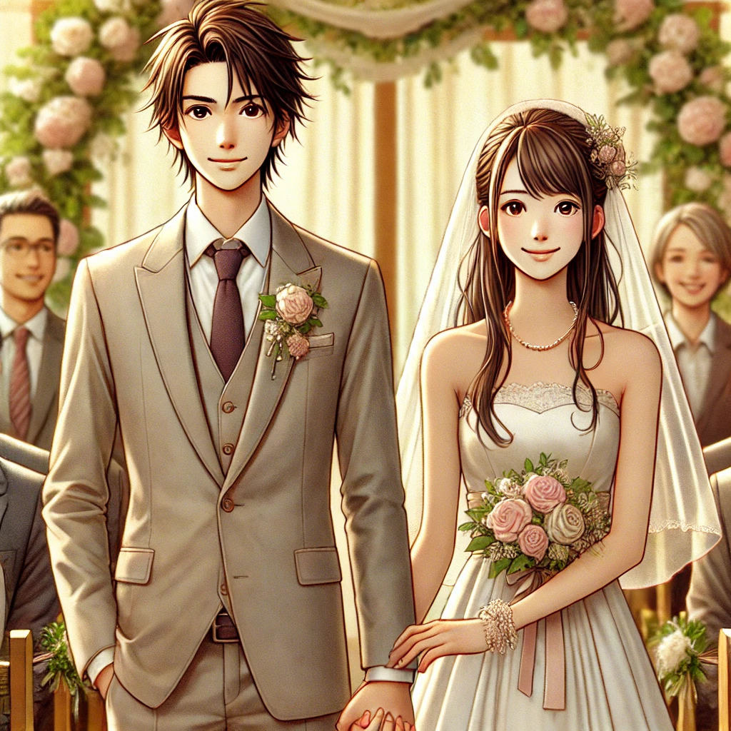 DALL·E-2024-11-06-02.52.13-A-realistic-illustration-in-the-same-style-as-previous-images-showing-Sota-a-young-Japanese-salaryman-at-his-wedding-with-his-girlfriend-Reina.-The 三つの忠告（Los Tres Consejos）スペインに伝わる教訓のような民話(現代版も有り）