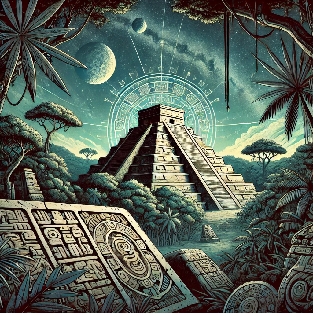 DALL·E-2024-11-08-02.29.29-A-symbolic-illustration-representing-Maya-civilization_-an-ancient-stone-pyramid-with-intricate-carvings-surrounded-by-lush-jungle.-The-scene-includes マヤ文明とは？宇宙観と永遠の循環が映し出す神秘的な世界