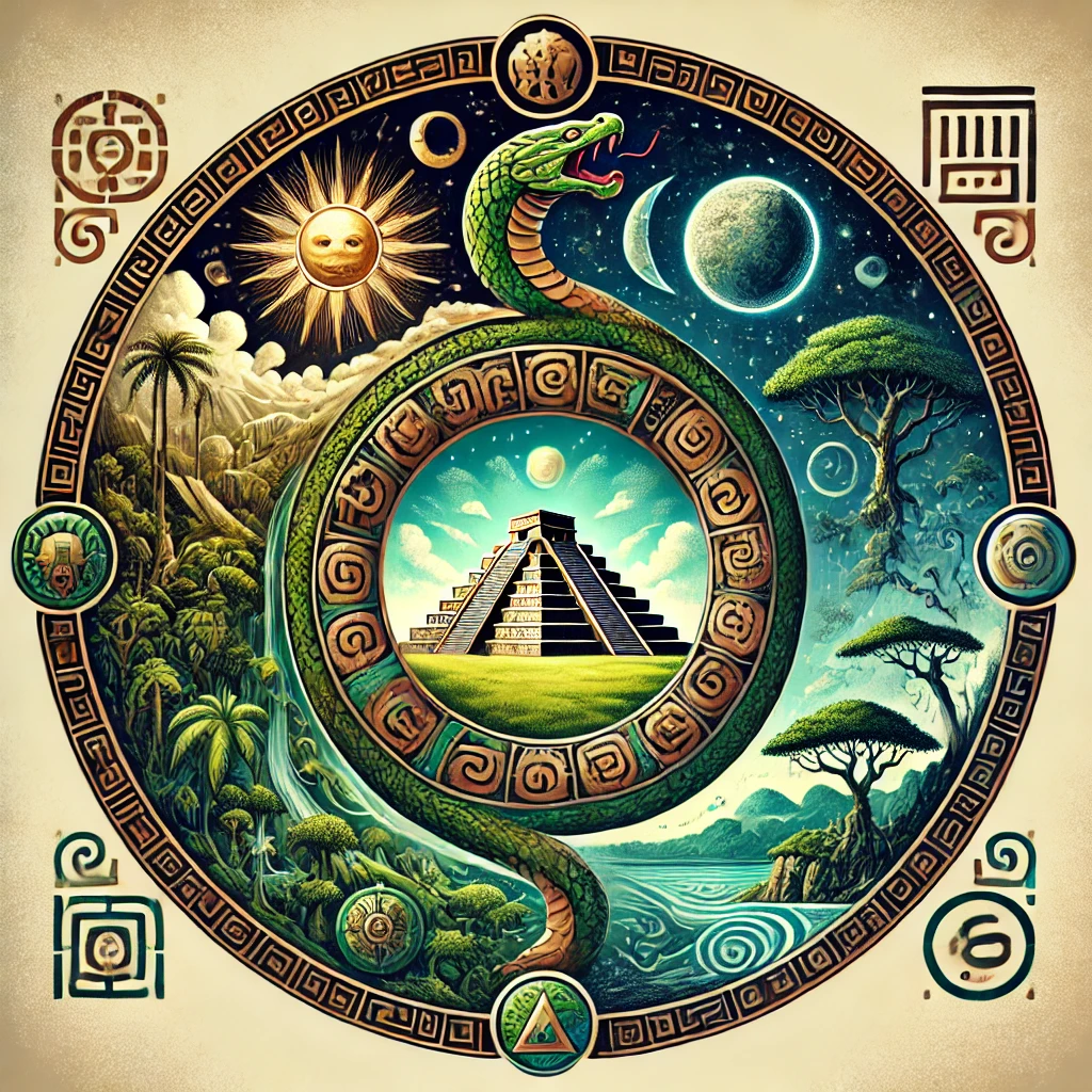 DALL·E-2024-11-08-02.33.56-A-symbolic-illustration-representing-the-Maya-worldview_-a-cosmic-cycle-with-three-realms-the-heavens-with-celestial-bodies-the-earthly-world-with- マヤ文明とは？宇宙観と永遠の循環が映し出す神秘的な世界