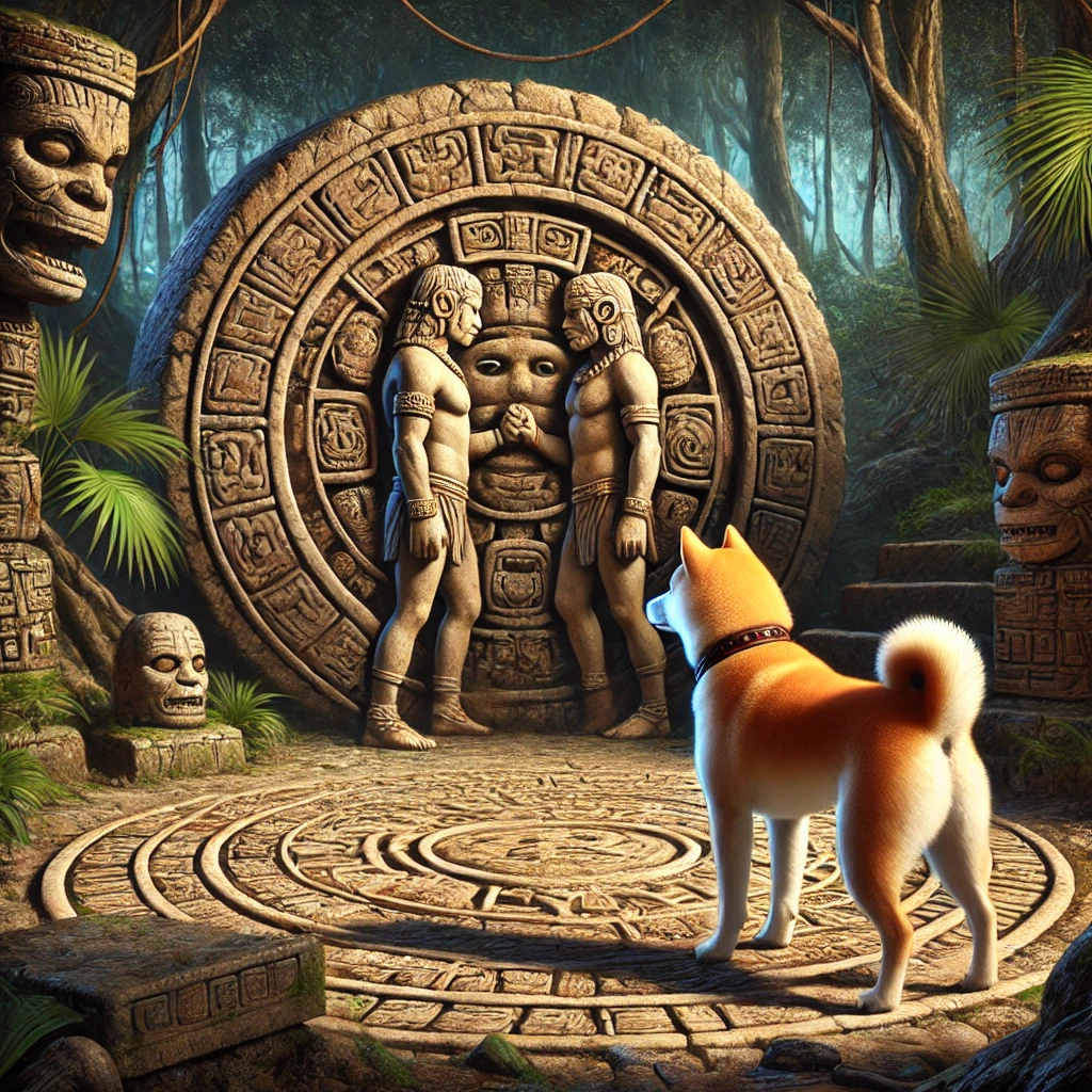 DALL·E-2024-11-08-02.43.03-A-realistic-illustration-symbolizing-the-Popol-Vuh-WITH-a-Shiba-Inu_-a-scene-in-the-mystical-Maya-underworld-Xibalba-where-the-twin-heroes-Hunahpu- マヤ文明とは？宇宙観と永遠の循環が映し出す神秘的な世界