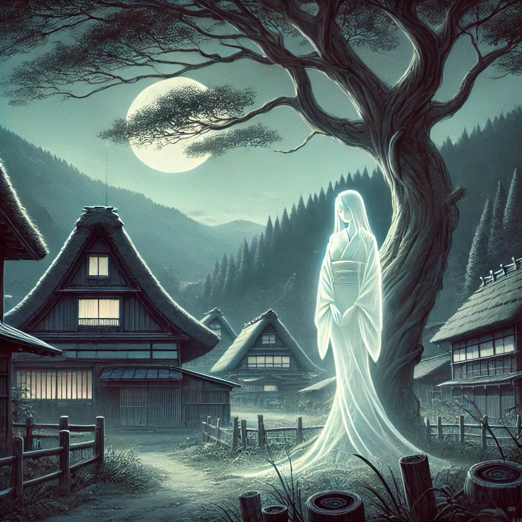 DALL·E-2024-11-08-21.00.42-A-quiet-and-eerie-village-in-the-mountains-of-Japan-illuminated-by-soft-moonlight.-The-setting-is-inspired-by-the-Shiramine-Ghost-Legend.-In-the-cent 白峰の幽霊伝説：石川県に伝わる哀しき魂の物語～不倫の末の悲しい愛憎模様