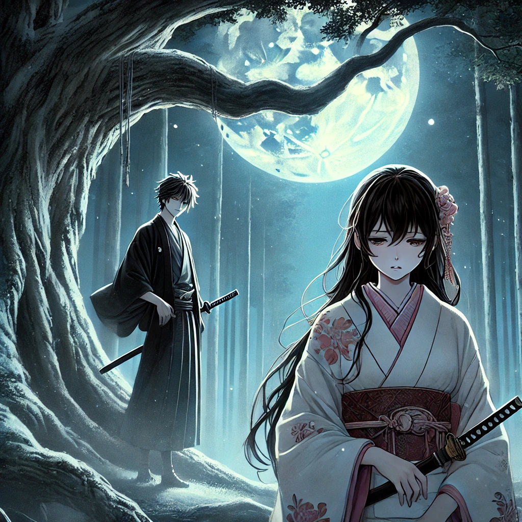 DALL·E-2024-11-08-21.03.34-A-dramatic-and-somber-scene-inspired-by-the-Shiramine-Ghost-Legend.-In-a-quiet-moonlit-forest-a-beautiful-young-woman-in-a-white-kimono-stands-under 白峰の幽霊伝説：石川県に伝わる哀しき魂の物語～不倫の末の悲しい愛憎模様