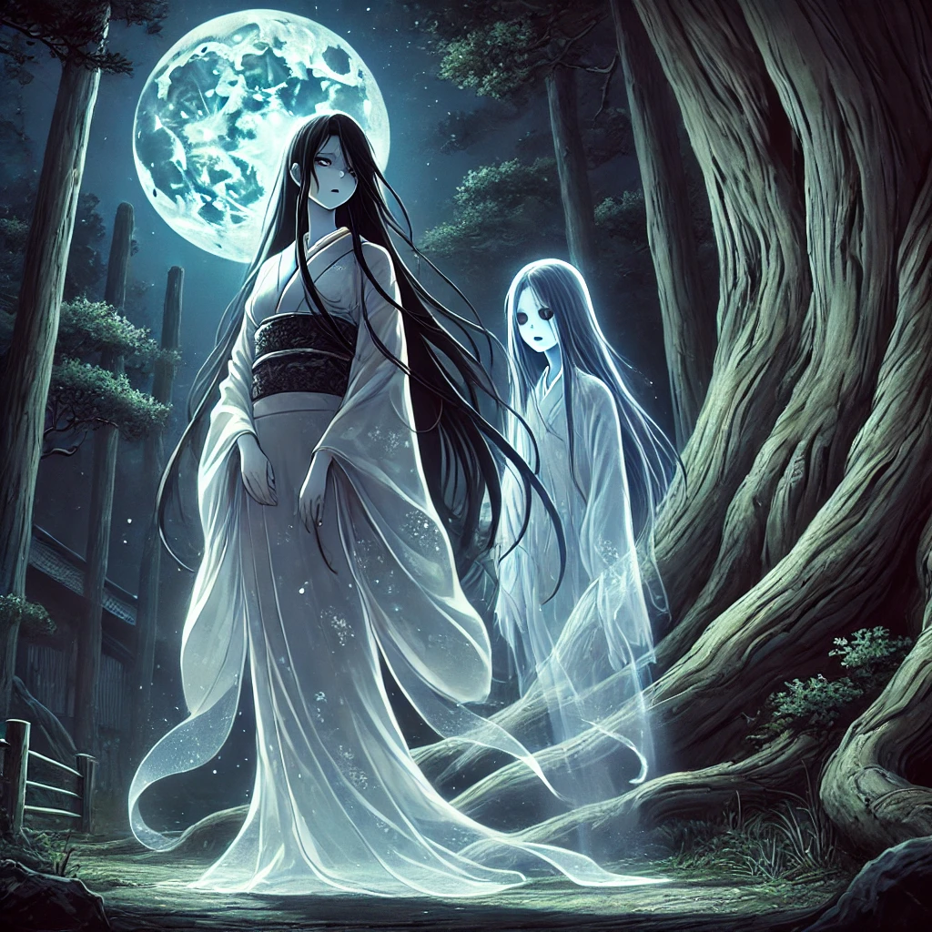 DALL·E-2024-11-08-21.04.48-A-haunting-and-eerie-scene-inspired-by-the-Shiramine-Ghost-Legend.-In-the-moonlit-forest-near-a-large-ancient-tree-a-ghostly-woman-in-a-white-kimono- 白峰の幽霊伝説：石川県に伝わる哀しき魂の物語～不倫の末の悲しい愛憎模様