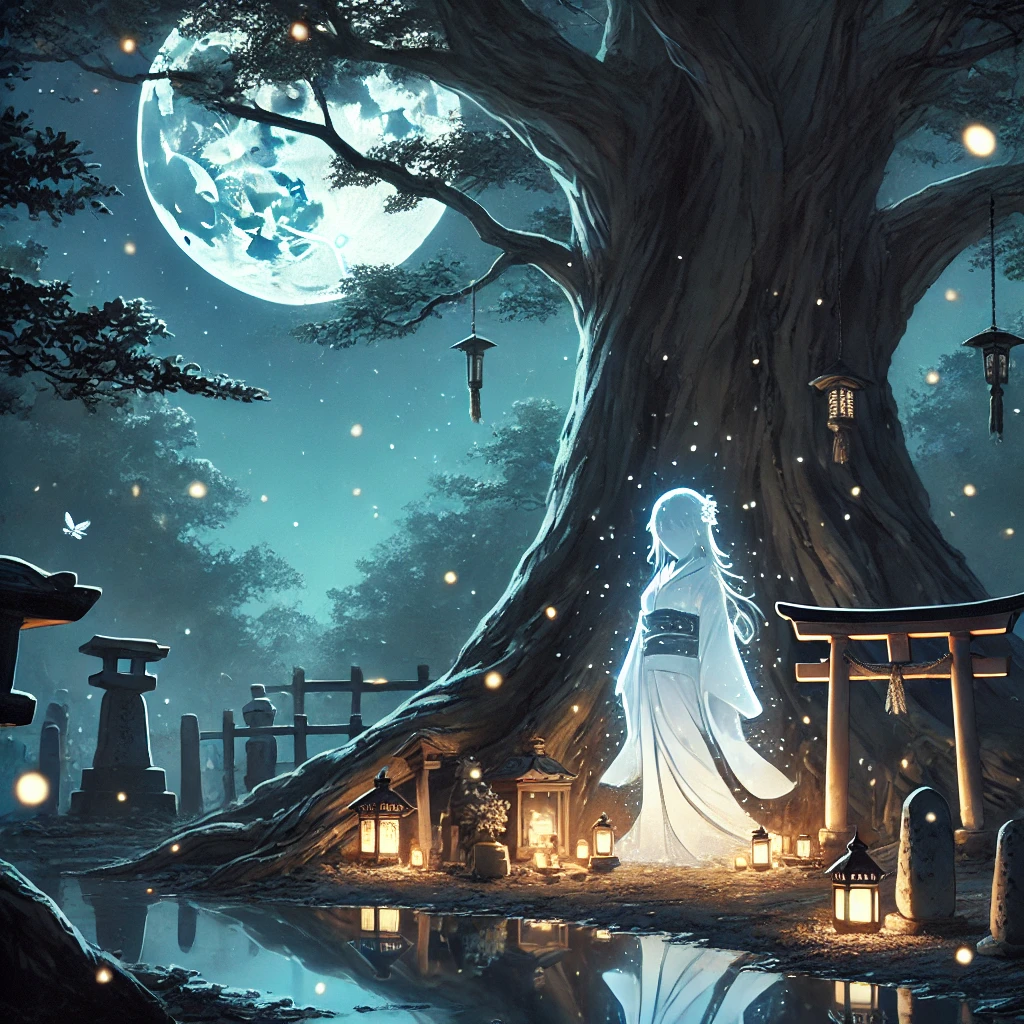 DALL·E-2024-11-08-21.06.50-A-serene-and-reflective-scene-inspired-by-the-Shiramine-Ghost-Legend.-A-large-ancient-tree-stands-under-the-soft-glow-of-moonlight-surrounded-by-offe 白峰の幽霊伝説：石川県に伝わる哀しき魂の物語～不倫の末の悲しい愛憎模様