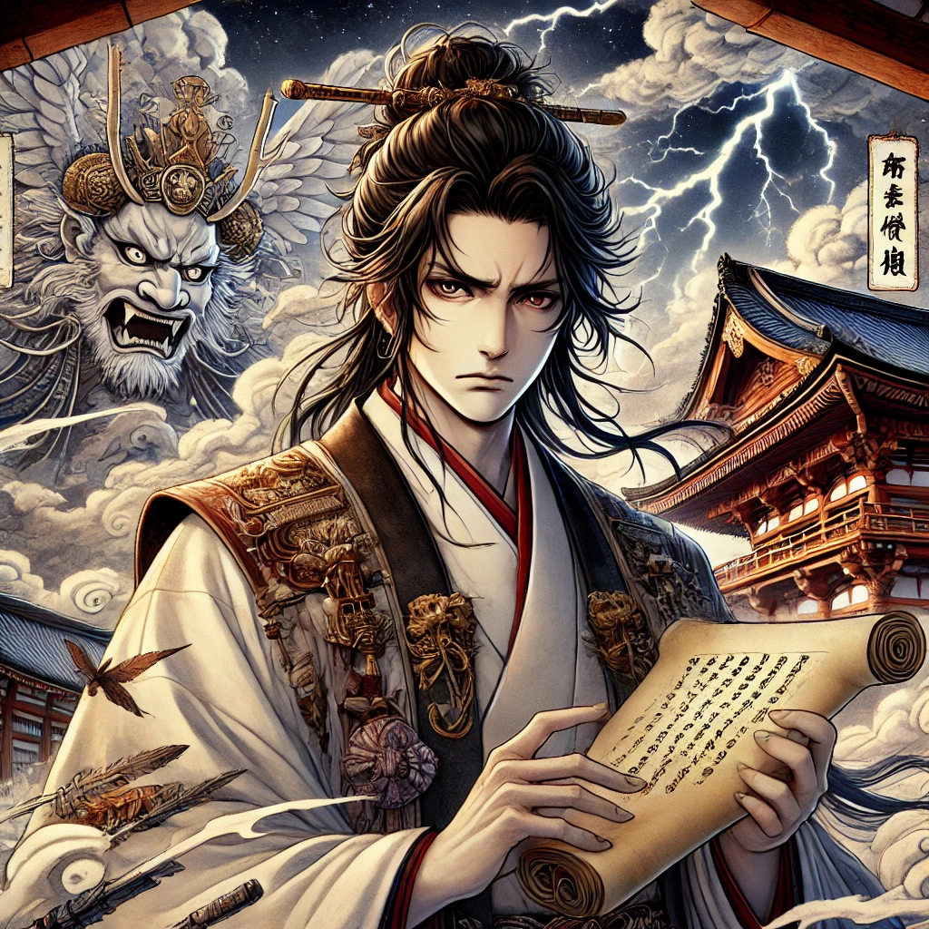 DALL·E-2024-11-09-00.43.57-An-evocative-illustration-of-Sugawara-no-Michizane-one-of-Japans-Three-Great-Onryo-in-an-anime-style.-He-is-depicted-as-a-scholarly-figure-wearing- 日本三大怨霊とは？菅原道真・平将門・崇徳天皇の歴史と信仰を簡単に解説