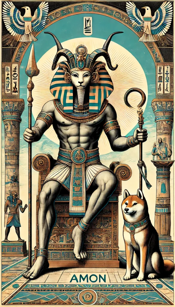 DALL·E-2024-11-09-04.04.21-A-full-body-illustration-of-the-ancient-Egyptian-god-Amon-depicted-as-a-majestic-figure-with-a-human-body-and-a-rams-head-symbolizing-strength-and--585x1024 ソロモン72柱の悪魔アモンWITH柴犬