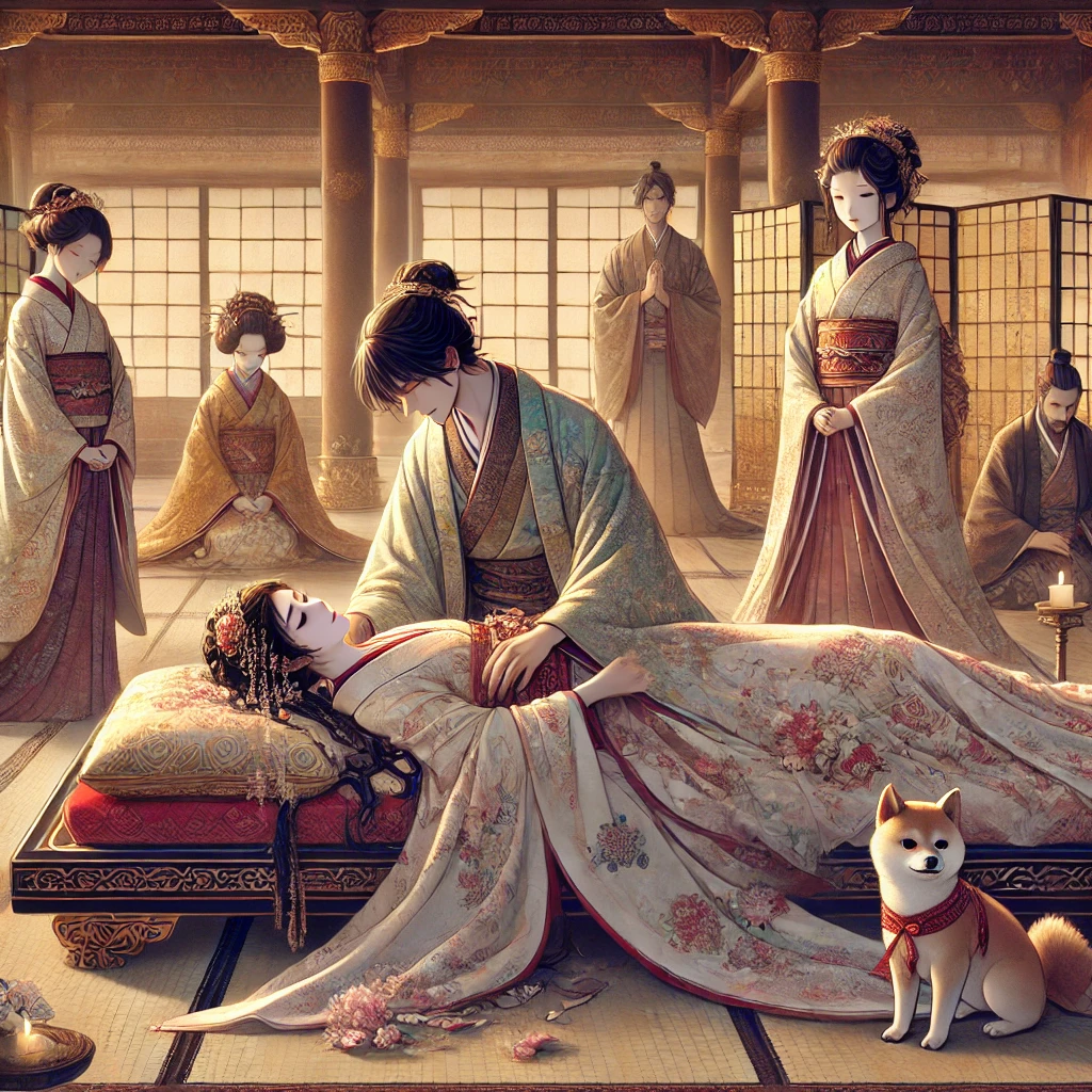 DALL·E-2024-11-10-03.34.37-A-poignant-Heian-period-scene-depicting-the-death-of-Kiritsubo-Consort-a-beautiful-and-sorrowful-woman-lying-on-an-elegant-bed-in-a-grand-palace-roo 古典攻略｜源氏物語『桐壺』をわかりやすく学ぶ＆古典の重要ポイントを整理-WITH柴犬