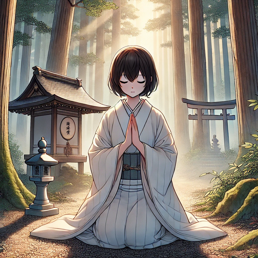 DALL·E-2024-11-13-02.34.45-A-serene-and-symbolic-illustration-of-Yaobikuni-八百比丘尼-from-Japanese-folklore.-She-is-depicted-kneeling-before-a-small-Buddhist-shrine-in-a-quiet-for 八百比丘尼の伝説：人魚の肉を食べた不老不死の僧侶の物語