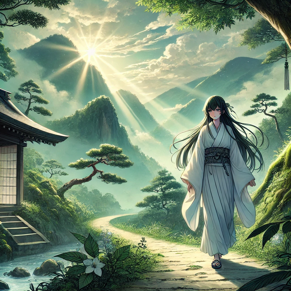 DALL·E-2024-11-13-02.35.52-A-serene-and-mystical-illustration-of-Yaobikuni-八百比丘尼-traveling-through-a-mountainous-region-in-Japan.-She-is-depicted-walking-along-a-narrow-path-s 八百比丘尼の伝説：人魚の肉を食べた不老不死の僧侶の物語