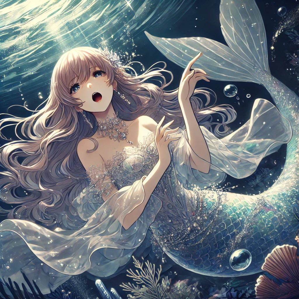 DALL·E-2024-11-14-01.09.52-A-beautiful-mermaid-singing-underwater-drawn-in-a-mature-Japanese-anime-style.-The-mermaid-has-flowing-hair-and-a-shimmering-tail-with-soft-lightin 世界の人魚伝説：海の精霊たちの物語を並べてみた