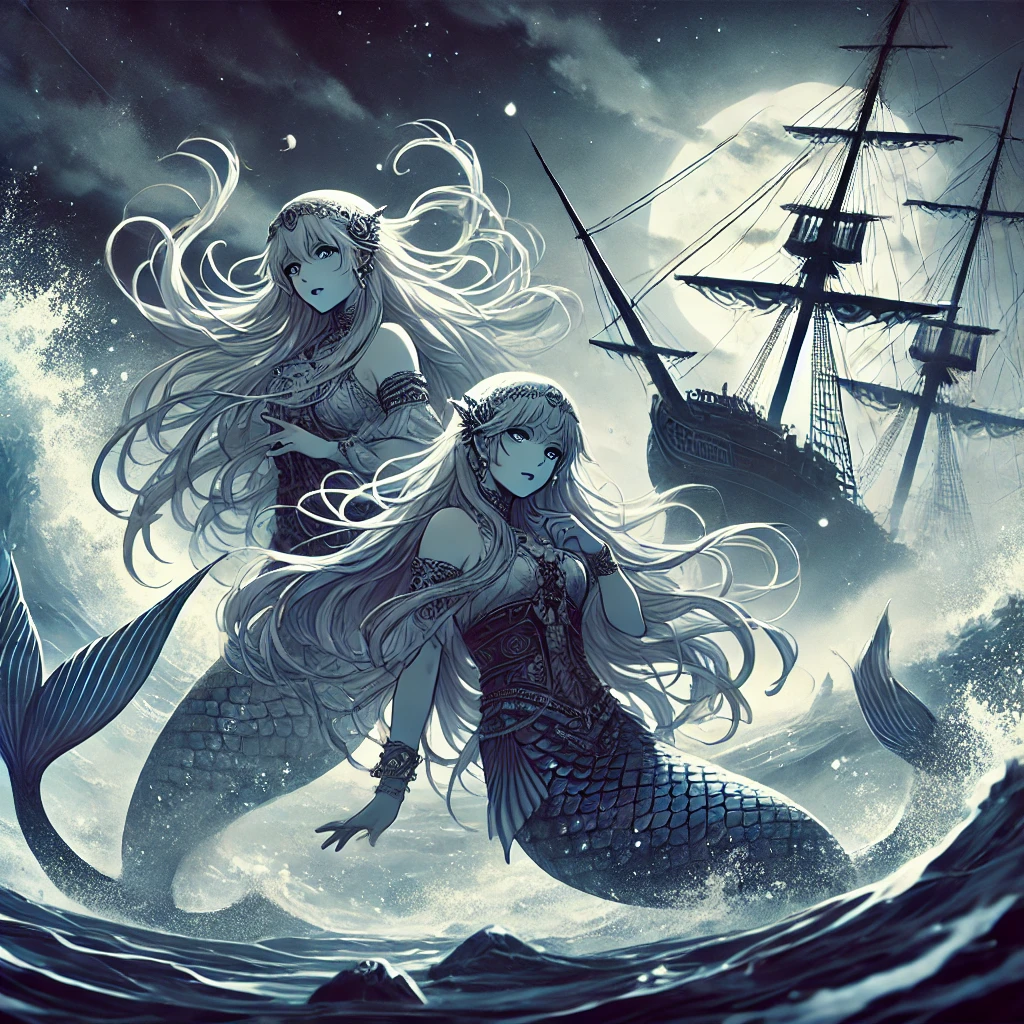 DALL·E-2024-11-14-01.12.41-A-mature-Japanese-anime-style-illustration-of-mermaids-in-a-Scandinavian-sea-sinking-a-ship-with-their-powerful-seductive-presence.-The-mermaids-ar 世界の人魚伝説：海の精霊たちの物語を並べてみた