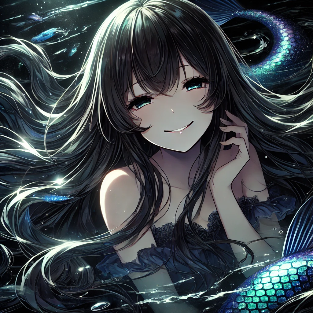 DALL·E-2024-11-14-01.17.27-A-mature-Japanese-anime-style-illustration-of-a-mermaid-smiling-in-a-dark-mysterious-sea.-Her-long-flowing-hair-moves-with-the-water-and-her-shimm 世界の人魚伝説：海の精霊たちの物語を並べてみた