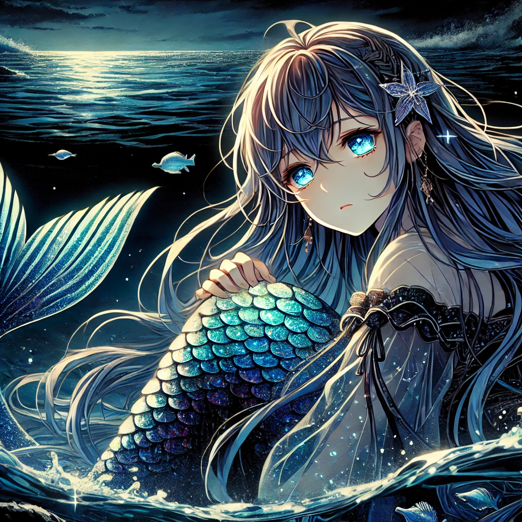 DALL·E-2024-11-14-01.18.20-A-mature-Japanese-anime-style-illustration-depicting-the-themes-of-immortality-curses-and-mermaids.-A-mermaid-with-shimmering-scales-and-long-flowi 世界の人魚伝説：海の精霊たちの物語を並べてみた