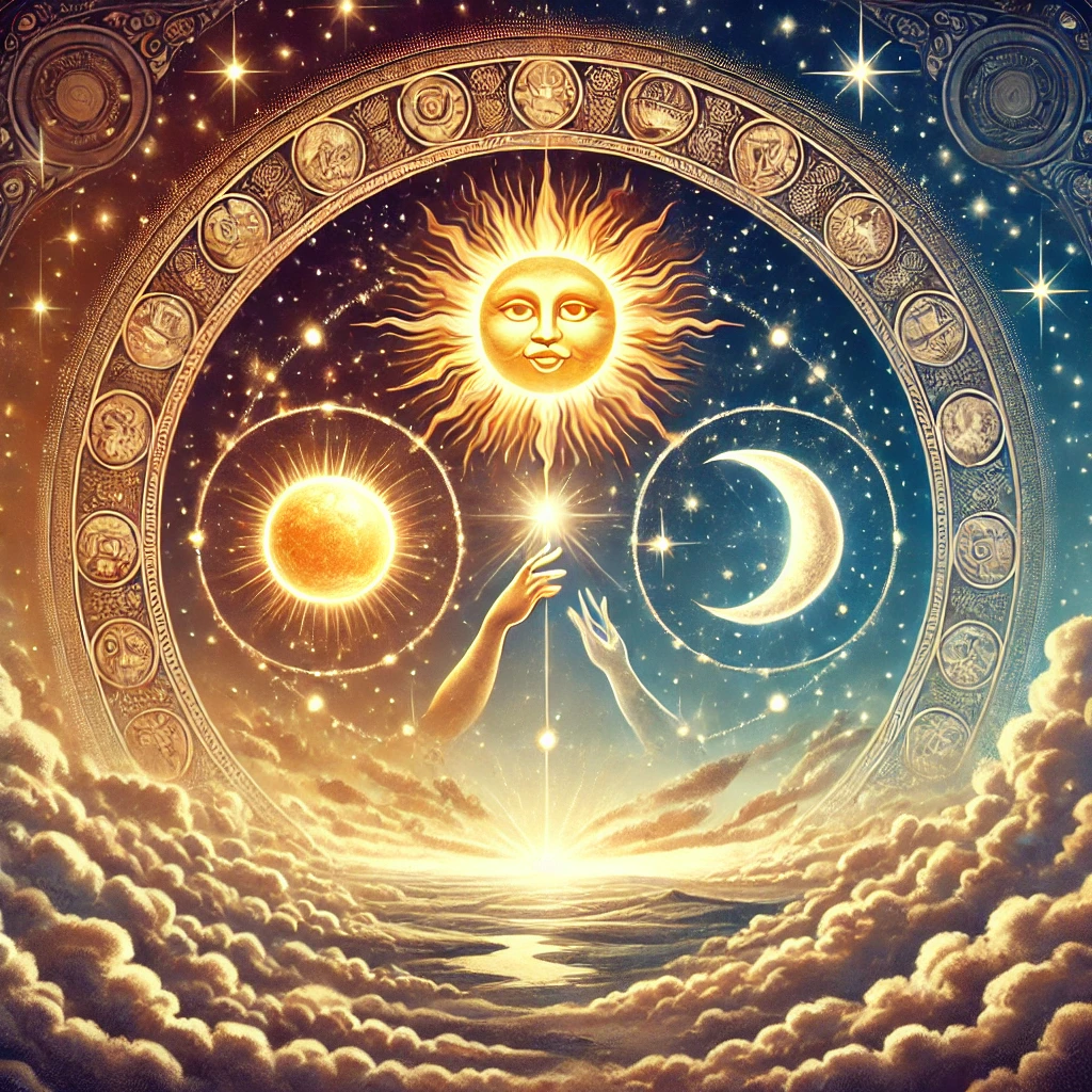 DALL·E-2024-11-14-03.29.02-An-illustration-symbolizing-the-creation-of-celestial-bodies-in-the-Maya-creation-myth_-the-sun-moon-and-stars-placed-in-the-sky-illuminating-the-E マヤ神話①世界創造：無から大地が生まれる神秘の物語