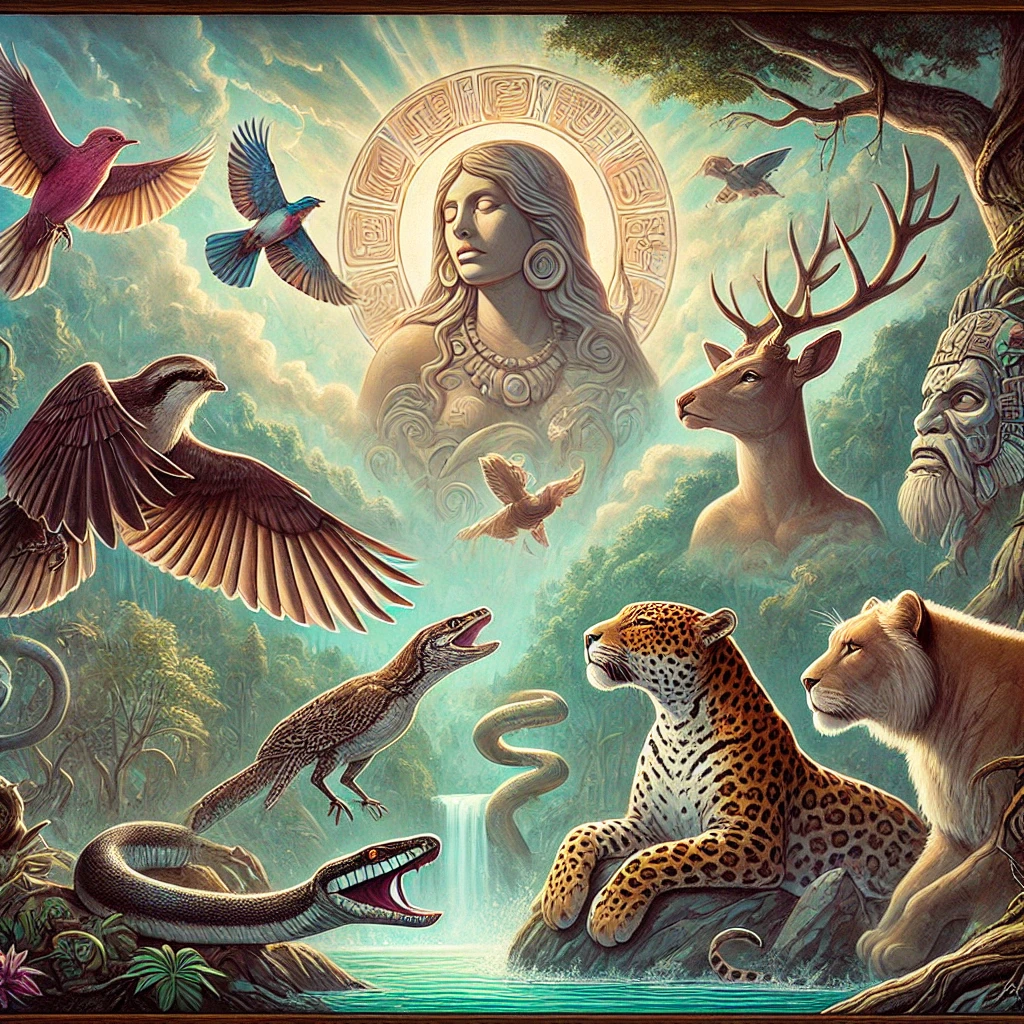 DALL·E-2024-11-14-03.43.38-An-illustration-symbolizing-the-failure-of-animal-creation-in-the-Maya-creation-myth_-animals-such-as-deer-birds-jaguars-and-snakes-appearing-majes マヤ神話②動物の創造と神々の試練