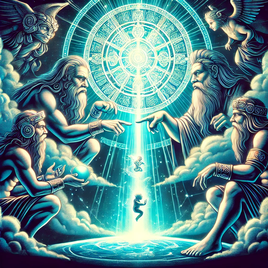 DALL·E-2024-11-14-03.53.56-An-illustration-symbolizing-the-gods-of-the-Maya-creation-myth-discussing-the-creation-of-humans-surrounded-by-mystical-light.-The-gods-appear-wise-a マヤ神話③人間の創造と試行錯誤：試行錯誤から生まれたトウモロコシの人間