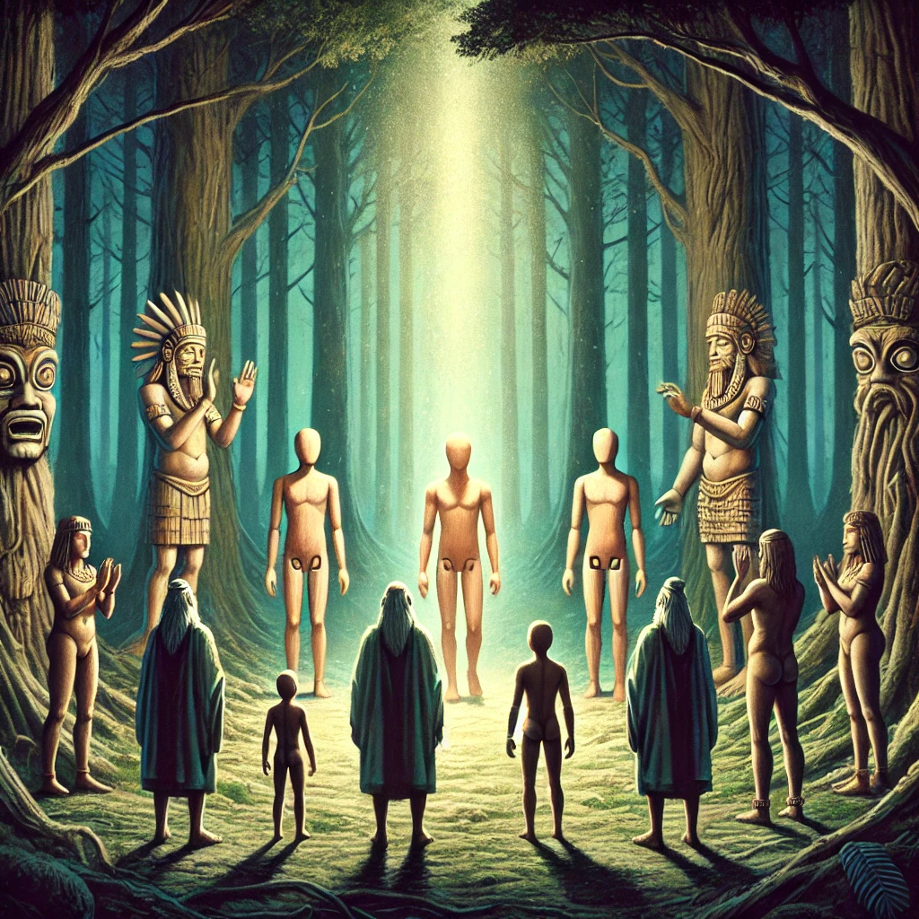 DALL·E-2024-11-14-03.55.41-An-illustration-symbolizing-the-second-attempt-of-human-creation-in-the-Maya-creation-myth_-divine-beings-creating-wooden-humans-in-a-mystical-forest マヤ神話③人間の創造と試行錯誤：試行錯誤から生まれたトウモロコシの人間