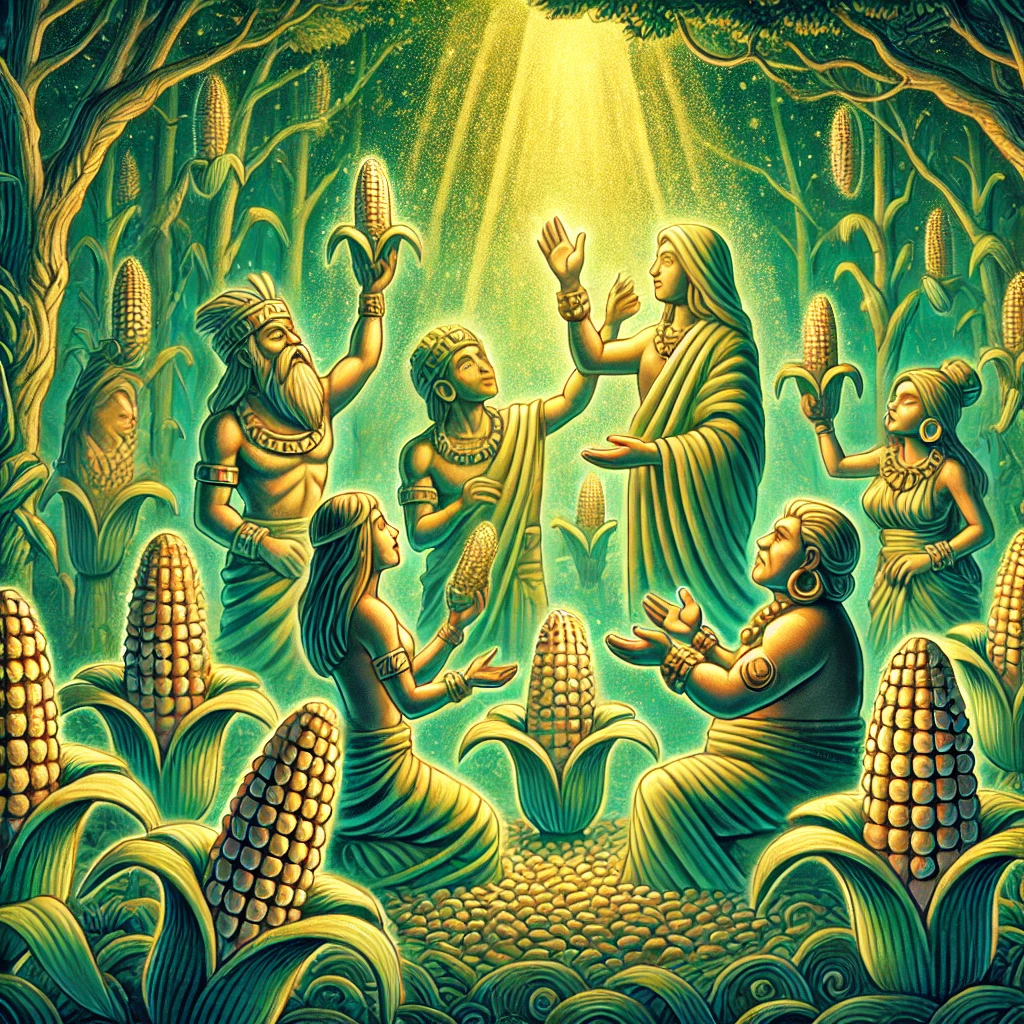 DALL·E-2024-11-14-03.59.31-An-illustration-symbolizing-the-successful-creation-of-humans-in-the-Maya-creation-myth_-figures-made-of-maize-corn-appearing-vibrant-wise-and-fu マヤ神話③人間の創造と試行錯誤：試行錯誤から生まれたトウモロコシの人間