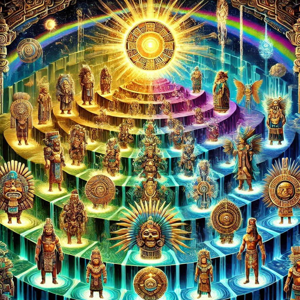 DALL·E-2024-11-15-01.20.26-An-illustration-depicting-the-Mayan-heavens-divided-into-13-layers-each-represented-by-a-unique-god-or-deity.-The-image-features-a-celestial-realm-w マヤ神話～宇宙の三層構造～マヤの神話の世界観をおさらい～