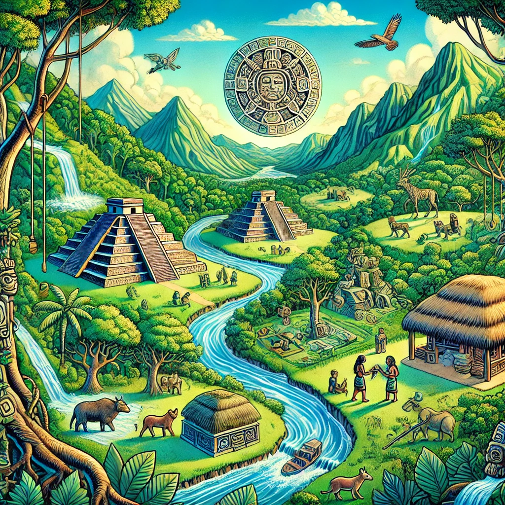 DALL·E-2024-11-15-01.22.04-An-illustration-depicting-the-Mayan-middle-world-or-the-earthly-realm-where-humans-animals-and-nature-coexist-in-harmony.-The-image-features-lush- マヤ神話～宇宙の三層構造～マヤの神話の世界観をおさらい～