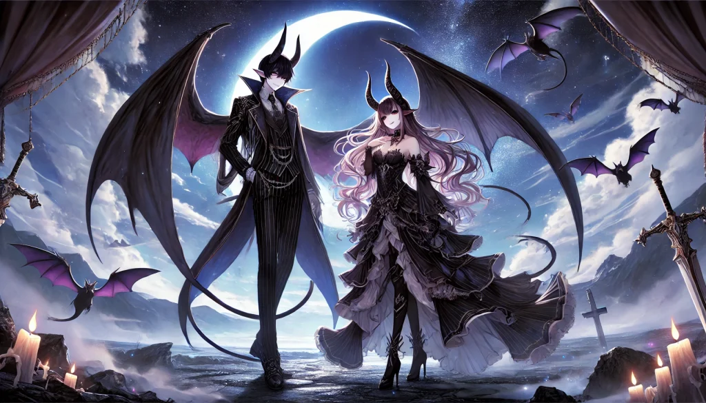 DALL·E-2024-11-15-03.47.34-A-highly-detailed-Japanese-anime-style-illustration-aimed-at-adults-depicting-an-Incubus-and-a-Succubus-standing-under-a-crescent-moon-in-a-dark-fant-1024x585 夢魔とは何か？悪夢を操る存在の謎とファンタジーへの影響