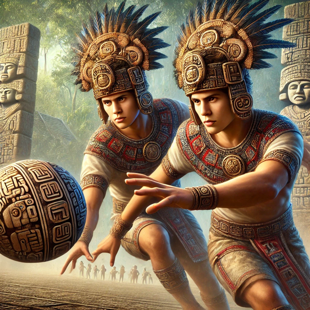 DALL·E-2024-11-16-02.43.33-A-realistic-depiction-of-Hun-Hunahpu-and-Vucub-Hunahpu-engaging-in-the-Mayan-ballgame-pok-ta-pok-specifically-kicking-the-ceremonial-ball-during-an マヤ神話④：フンフンアフプーとヴクブ・フンアフプーの物語：双子たちの使命の始まり