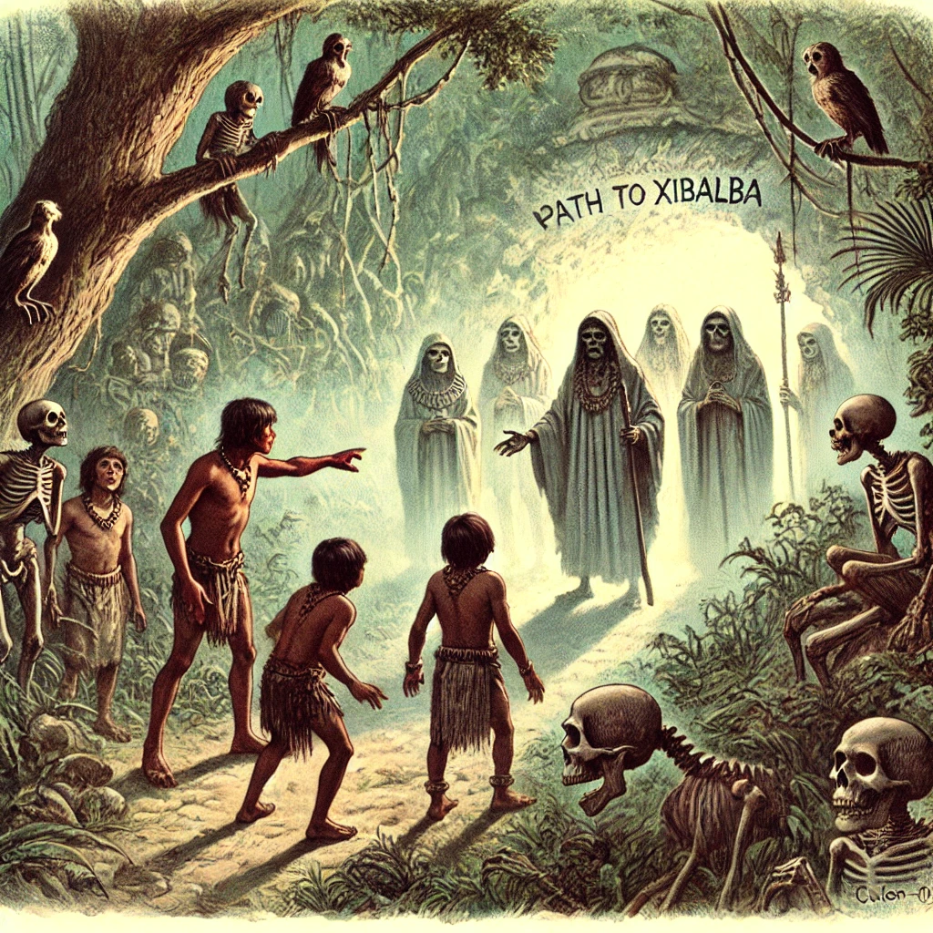 DALL·E-2024-11-16-02.47.45-An-illustration-of-Hun-Hunahpu-and-Vucub-Hunahpu-encountering-the-messengers-from-Xibalba-who-appear-as-shadowy-mysterious-figures-with-a-mix-of-ske マヤ神話④：フンフンアフプーとヴクブ・フンアフプーの物語：双子たちの使命の始まり