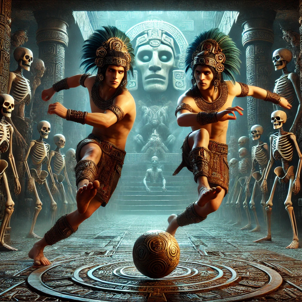 DALL·E-2024-11-16-02.50.08-A-realistic-depiction-of-Hun-Hunahpu-and-Vucub-Hunahpu-engaging-in-a-fierce-and-sacred-ballgame-in-the-underworlds-court-with-the-same-facial-design マヤ神話④：フンフンアフプーとヴクブ・フンアフプーの物語：双子たちの使命の始まり