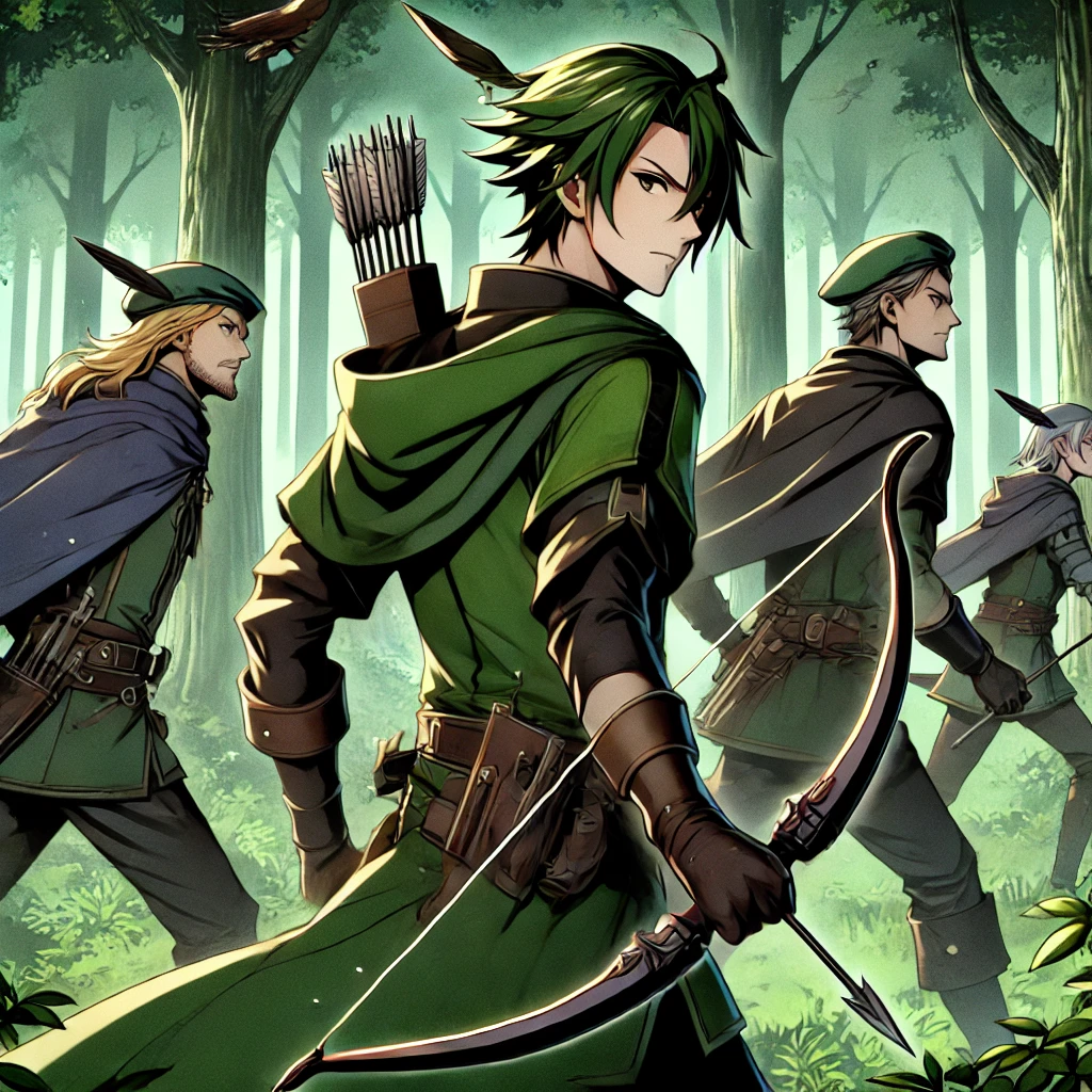 DALL·E-2024-11-16-04.09.25-Illustration-of-Robin-Hood-and-his-Merry-Men-preparing-for-an-ambush-in-Sherwood-Forest-depicted-in-a-Japanese-anime-style-aimed-at-adults.-The-scene シャーウッドの対決: ロビンフッドとノッティンガムのシェリフ