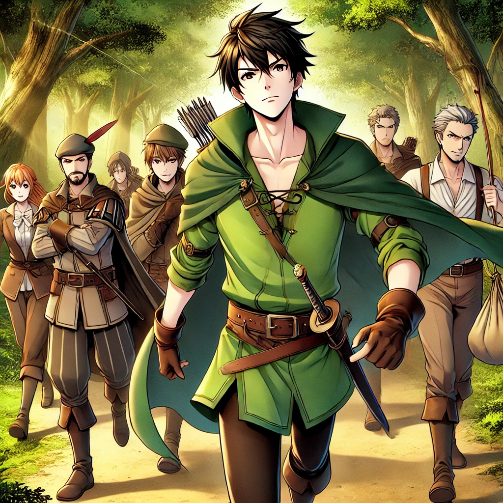 DALL·E-2024-11-16-04.12.42-Illustration-of-Robin-Hood-and-his-Merry-Men-triumphantly-evading-the-Sheriff-of-Nottinghams-traps-depicted-in-a-Japanese-anime-style-aimed-at-adult シャーウッドの対決: ロビンフッドとノッティンガムのシェリフ